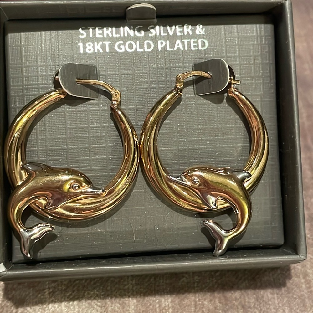 18kt Gold Plated & Sterling Silver 925 Dolphin Hoop Earrings